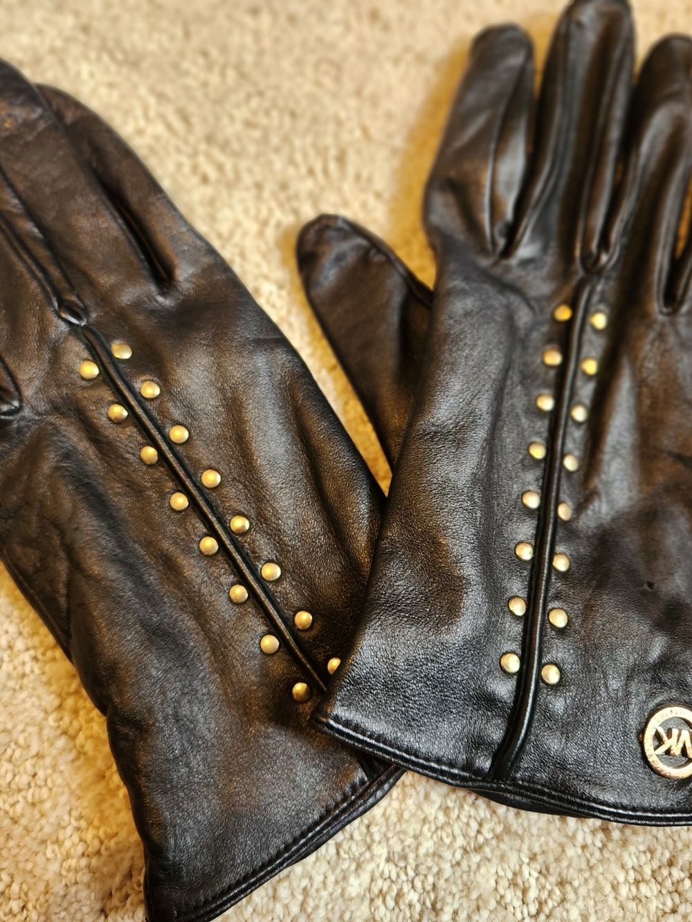 Michael Kors Black Leather Gloves with Gold Stud Accents
